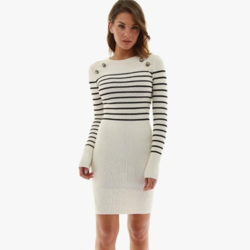 PattyBoutik Cream and Black Striped Long Sleeve Knit Dress
